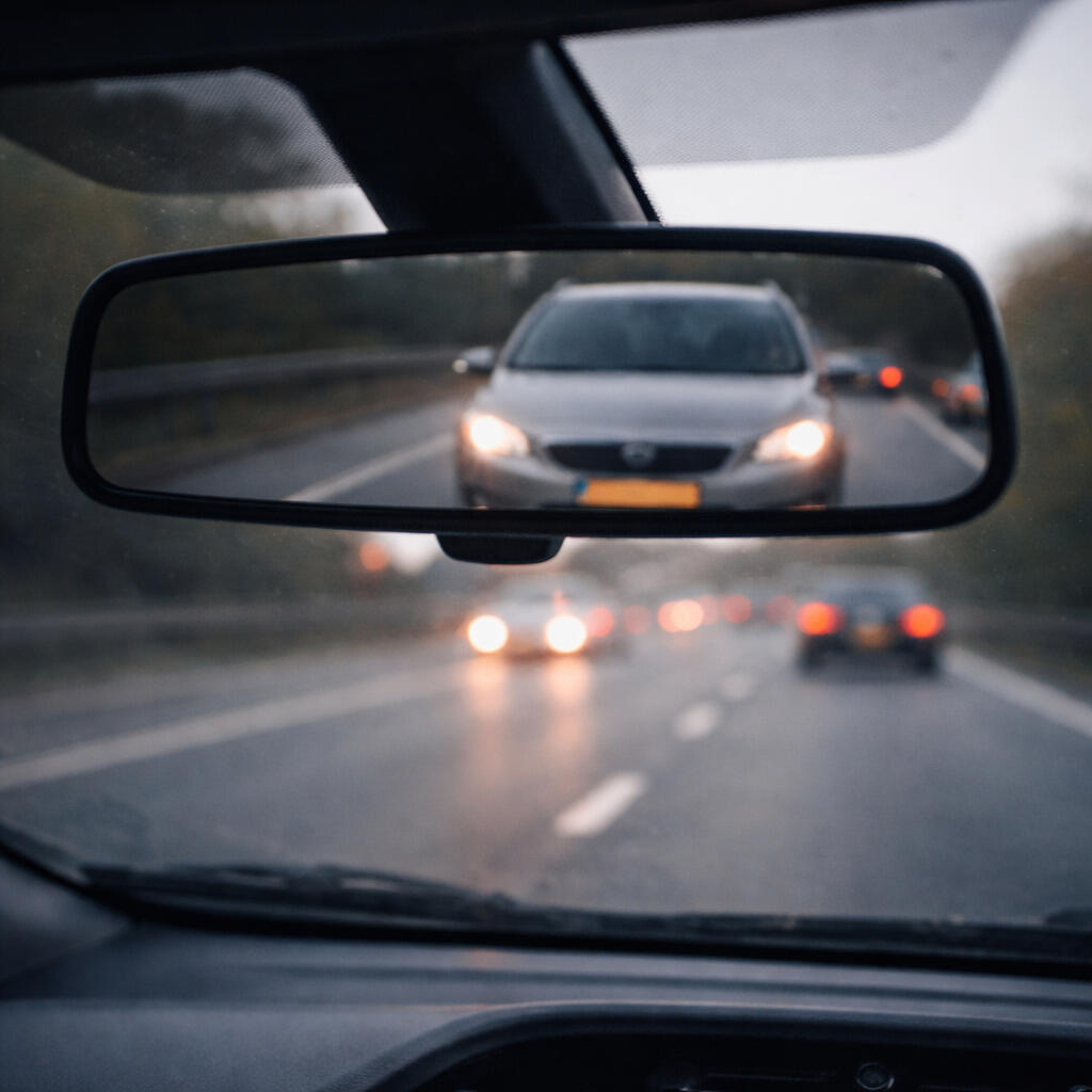 Rear-view mirror showing a car following too closely behind on a UK motorway
