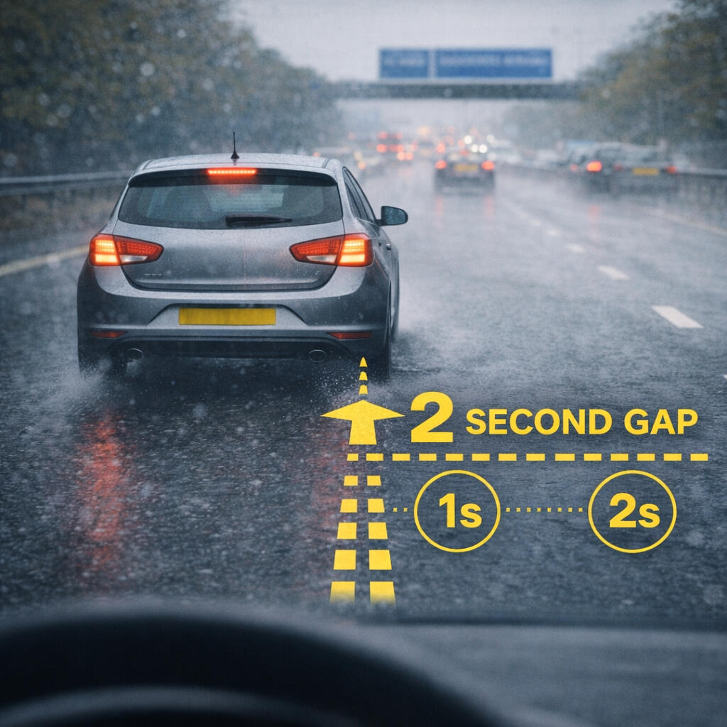 Illustration showing a safe two-second following distance between cars on a wet UK road