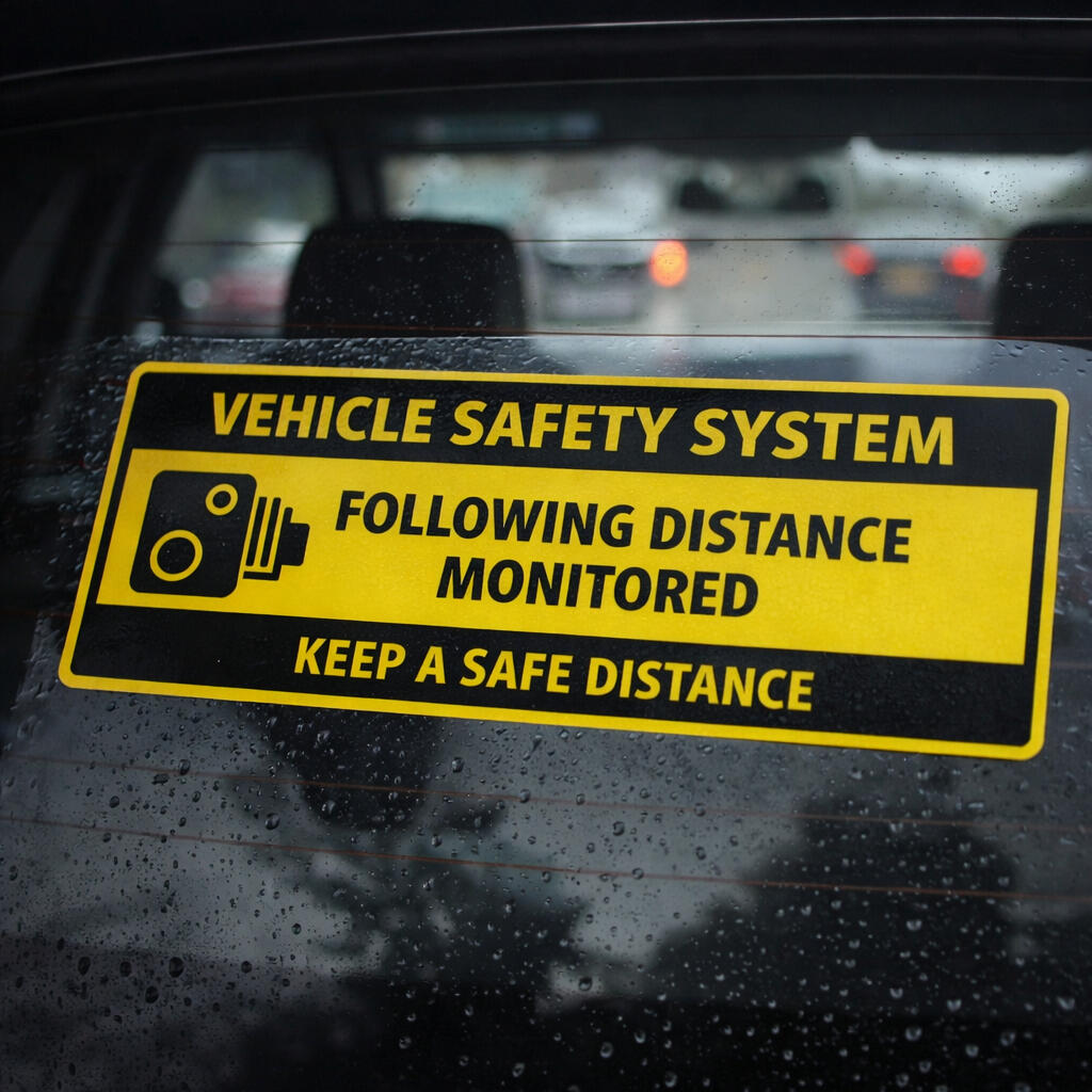 Car safety sticker designed to discourage tailgating Rear window car safety sticker designed to discourage tailgating and promote safe following distance